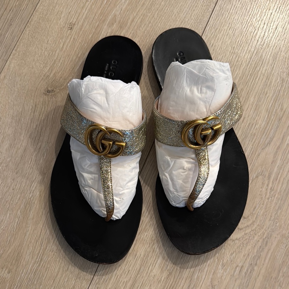 Gucci Gold and Black Sandals with GG Logo